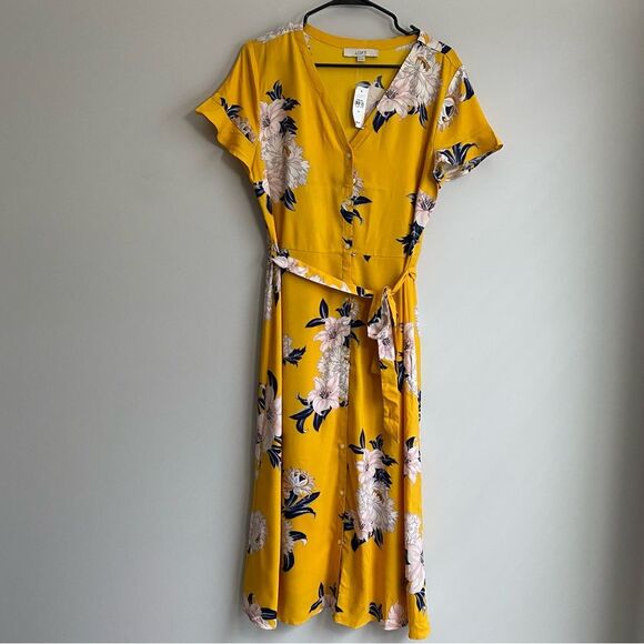 Loft Flutter Floral Print Midi Button Up Sun Dress Size 10 NWT Garden Party - Picture 2 of 9